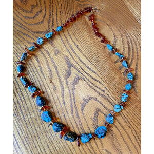 vtg Turquoise and Amber nugget strand necklace 27 inch graduated size stones
